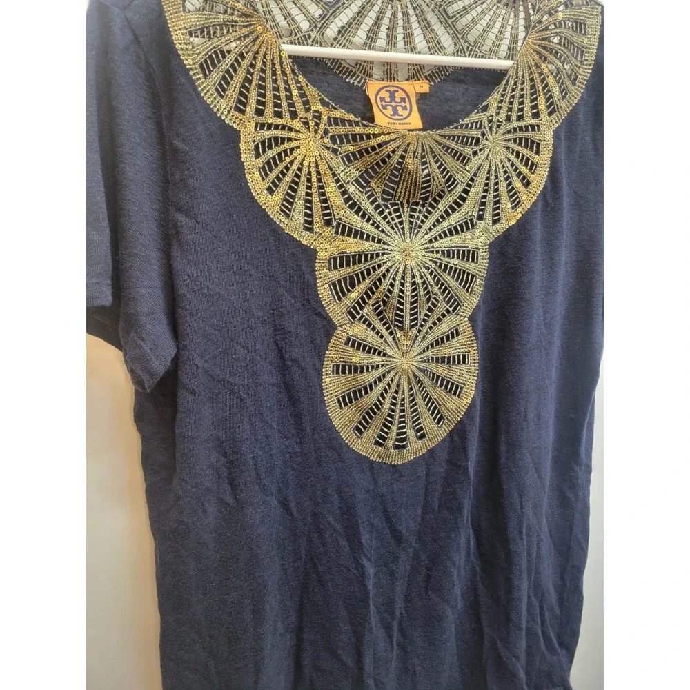 Tory Burch‎ Womens Blue 100% Linen Gold Sequence Scoop Neck Blouse Sz M